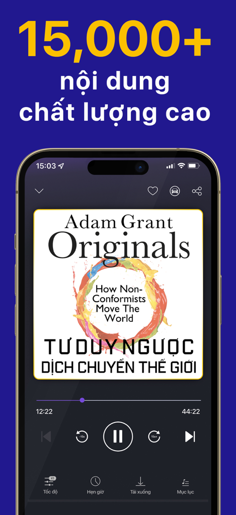 Voiz FM mobile App zeigt die Hörbuch-Player-Oberfläche mit einer vietnamesischen Übersetzung des Buches Originals von Adam Grant.
