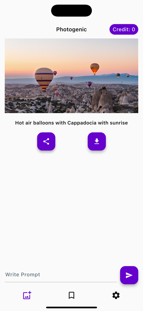 Photogenic - Interface of the Photogenic app displaying an AI generated image of hot air balloons in Cappadocia from a text prompt