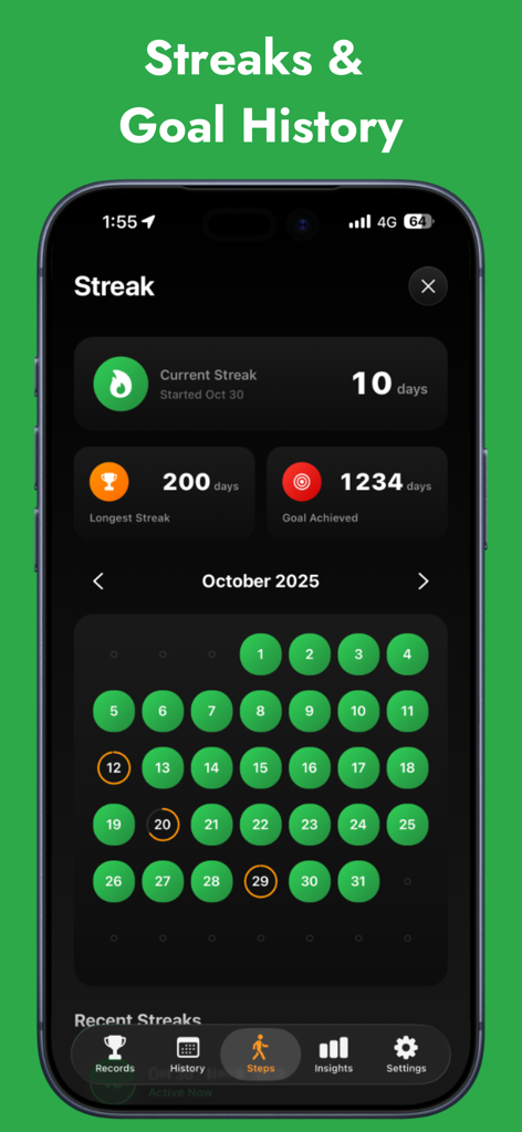 Calendrier mensuel des séquences et tableau de bord de l'historique des objectifs dans Steps App.