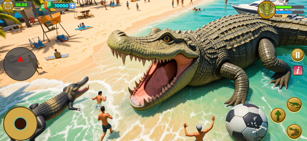Crocodile Attack Wild Sim Game - Un cocodrilo gigante atacando personas en una playa en un juego de simulación de animales salvajes