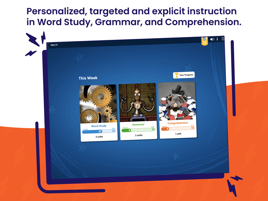 Lexia PowerUp - Student dashboard in Lexia PowerUp showing weekly progress across Word Study Grammar and Comprehension modules