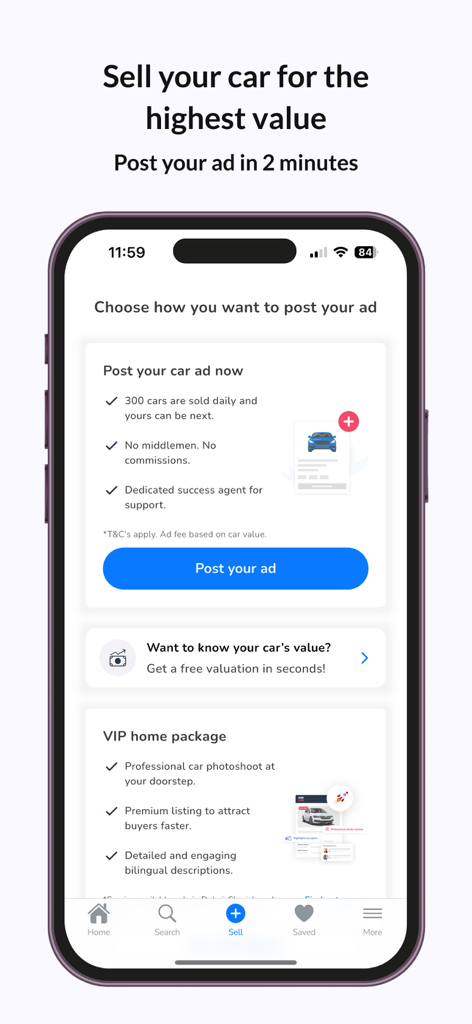 DubiCars | Used & New Cars UAE - DubiCars app screen for selling cars and posting ads