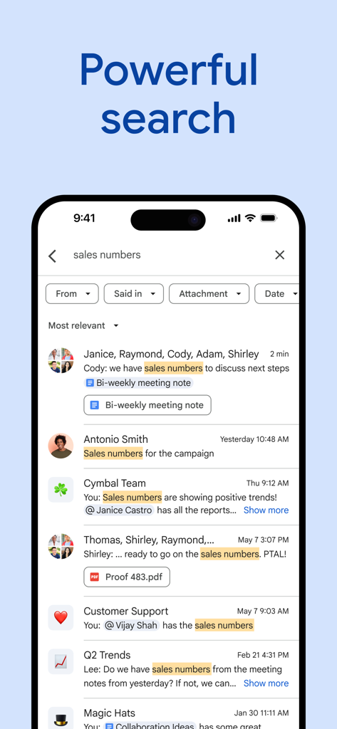 다양한 필터가 적용된 판매 수치 검색 결과를 보여주는 Google Chat 모바일 앱.