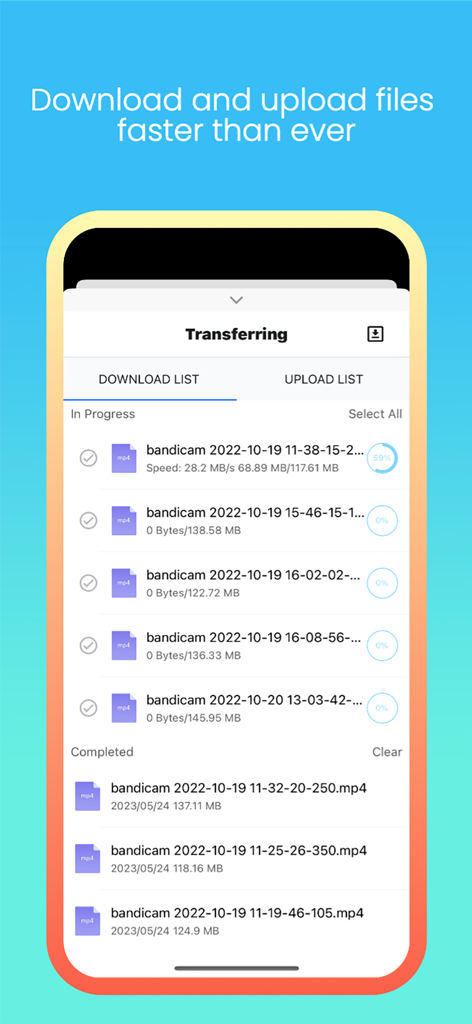 Ctfile - Ctfile app interface showing file transfer progress for downloads and uploads