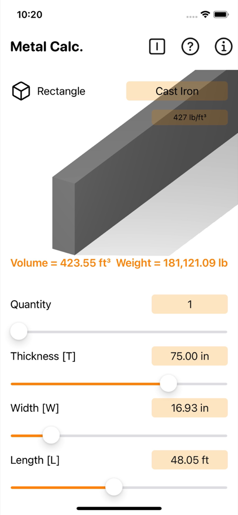 Interface de l'application Metal Calculator Plus montrant les calculs de volume et de poids pour un objet rectangulaire en fonte utilisant des dimensions personnalisées.