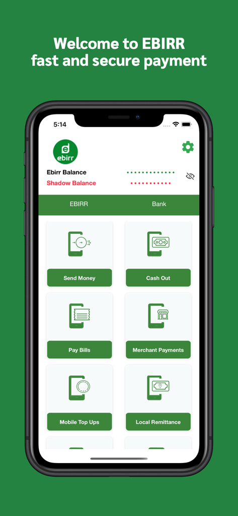 Ebirr - Home screen of Ebirr mobile app showing financial services like sending money, paying bills, and airtime recharge.