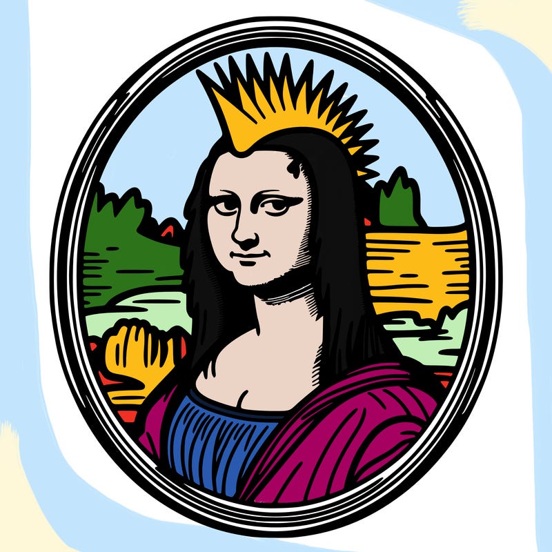 leonardo da vinci's "mona lisa" with punk hairstyle, realistic, thin borders