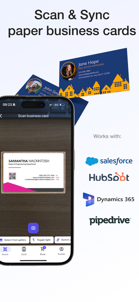 Spreadly Digital Business Card - iPhone scanning a paper business card with icons for Salesforce HubSpot and Dynamics 365 integrations