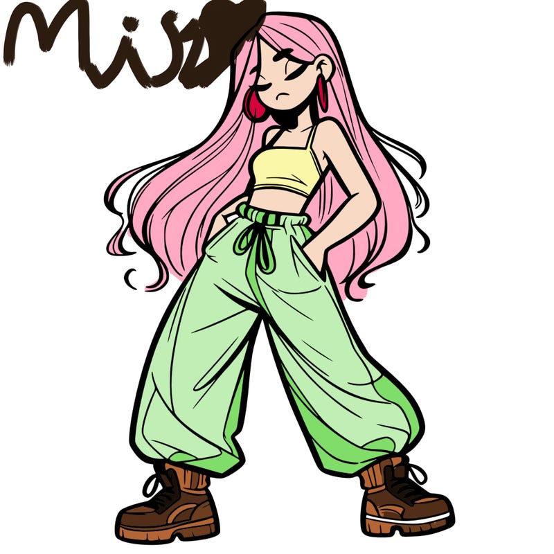 girl in baggy pants crop top and long hair