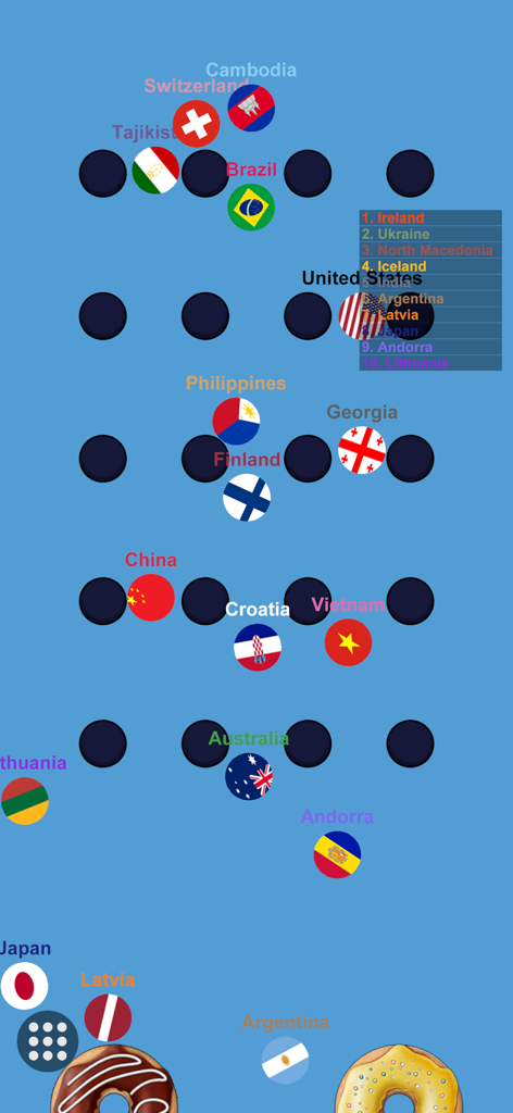 Marble Race Country - Gameplay of Marble Race Country showing various country flag marbles racing through circular obstacles on a blue background