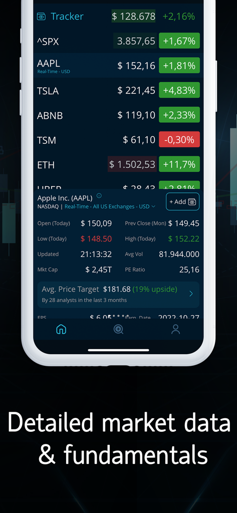 LiveQuote 앱의 상세 주식 시장 데이터 및 기본 정보 뷰.