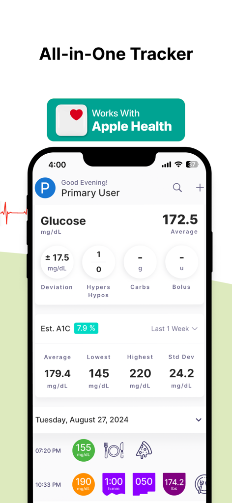 Aplicación móvil Gluco Buddy que muestra promedios de glucosa y niveles estimados de A1C
