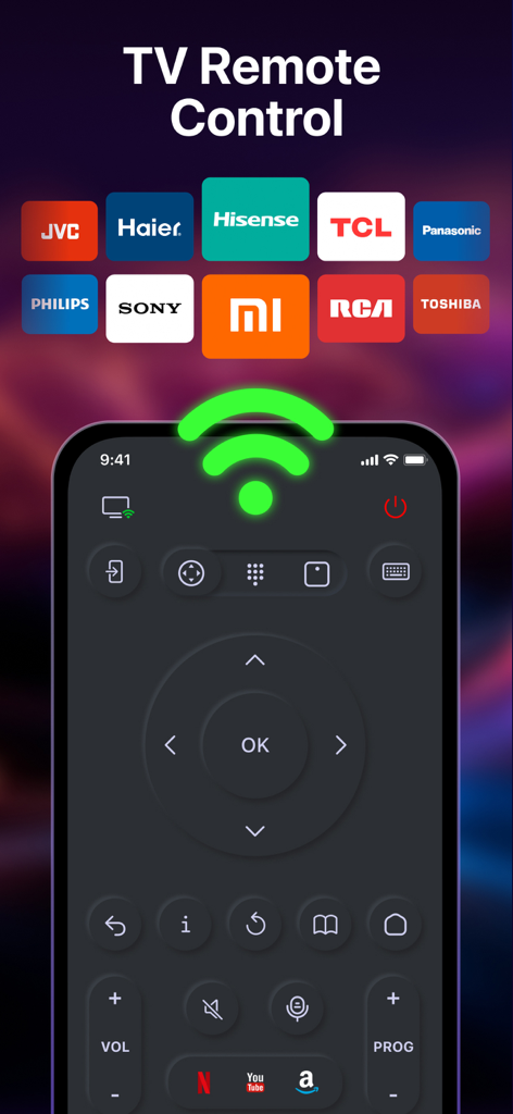 Interfaz de la aplicación Smart Remote Control que muestra soporte para varias marcas de TV como Sony, Hisense y TCL