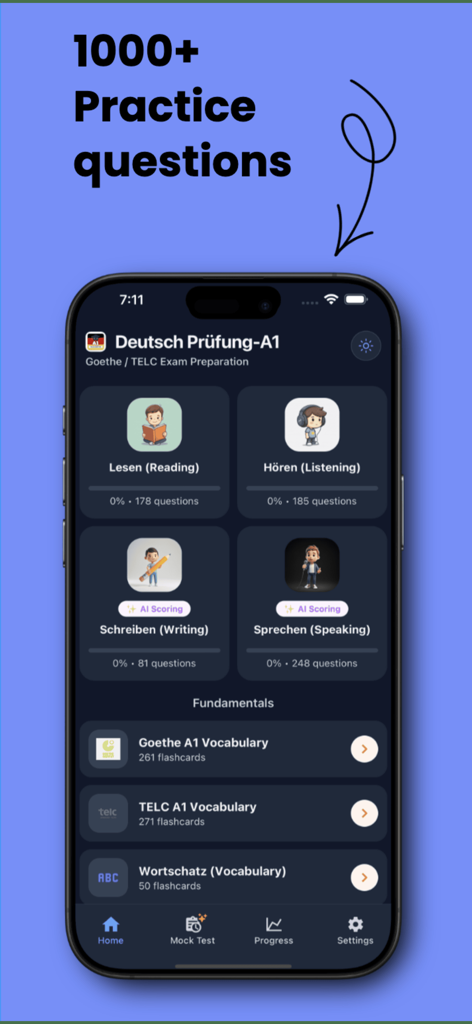 German A1 Exam: Goethe & telc - German A1 exam preparation app dashboard featuring practice modules for reading listening writing and speaking