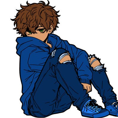 a male hoddie ripped jeans messy hair anime