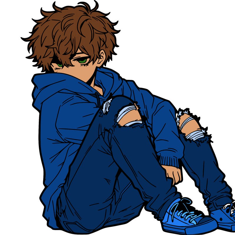 a male hoddie ripped jeans messy hair anime