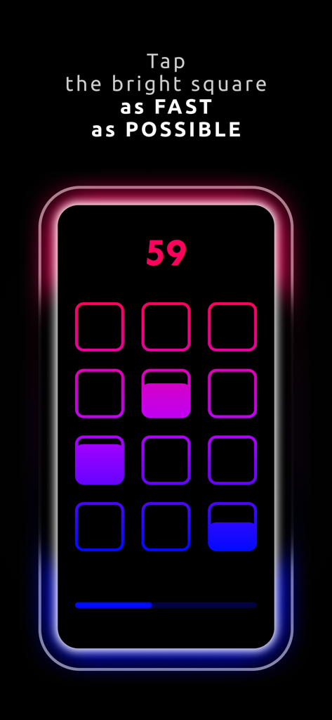 Reaction Time - Reflex Game - Gameplay screen of Reaction Time - Reflex Game with a grid of glowing squares and a countdown timer.