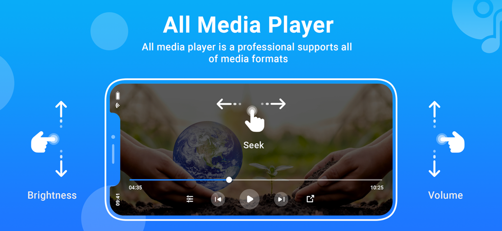 MX Player : All Media Player - Interfaz de la aplicación MX Player mostrando controles de gestos verticales y horizontales para volumen, brillo y búsqueda