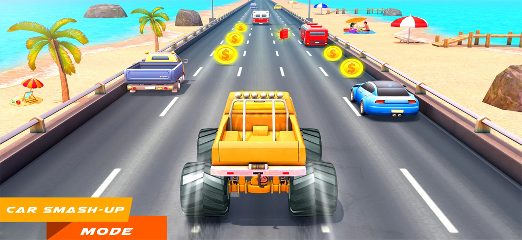 Un monster truck amarillo corriendo por una carretera costera soleada recogiendo monedas de oro y latas de combustible en Mini Car Racing Game.