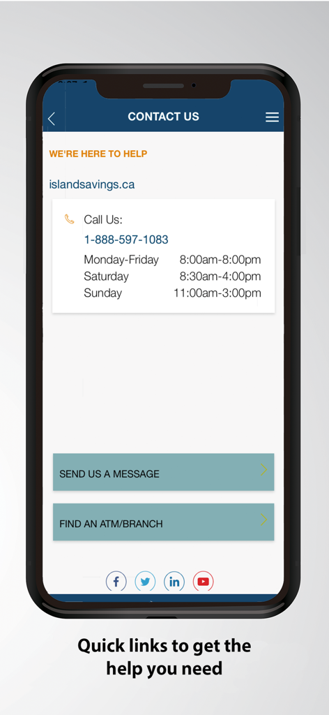 Island Savings Mobile Banking - Contact Us screen of the Island Savings mobile banking app featuring customer support phone numbers and branch locator buttons