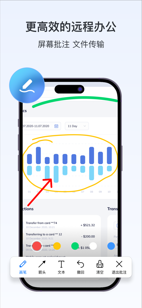ToDesk远程控制 - Smartphone screen displaying ToDesk remote control app with screen annotation tools on a data chart
