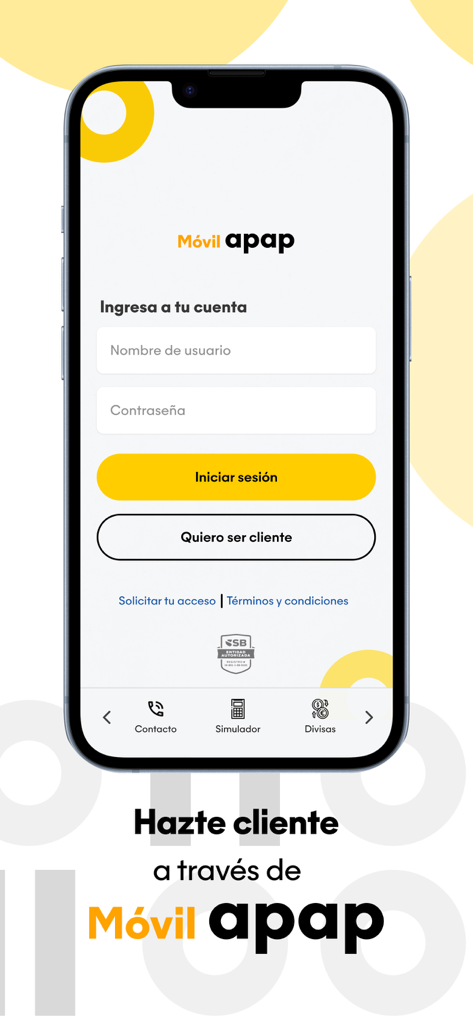 Anmeldebildschirm der Movil APAP Mobile-Banking-App mit Feldern für Benutzername und Passwort