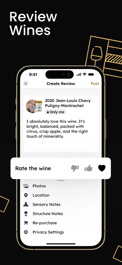 Interface of the InVintory app showing a detailed wine review for a 2020 Puligny-Montrachet with sensory notes and rating features