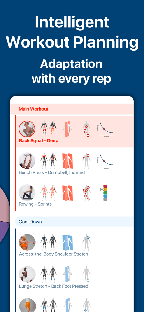 Interface do aplicativo BodBot mostrando um plano de treino personalizado com demonstrações de exercícios e destaques de grupos musculares.