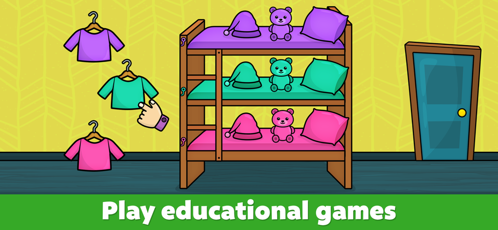 A toddler educational game where children sort colorful shirts into matching colored bunk beds.