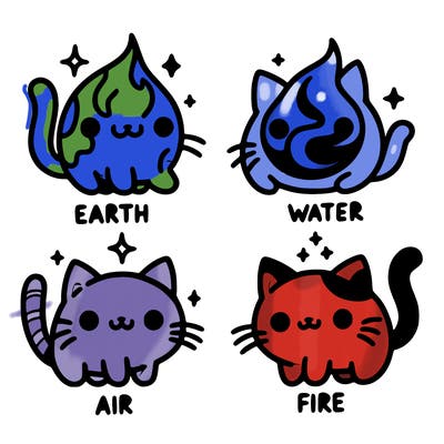 4 cats that represent the different elements, earth, water, air, and fire
