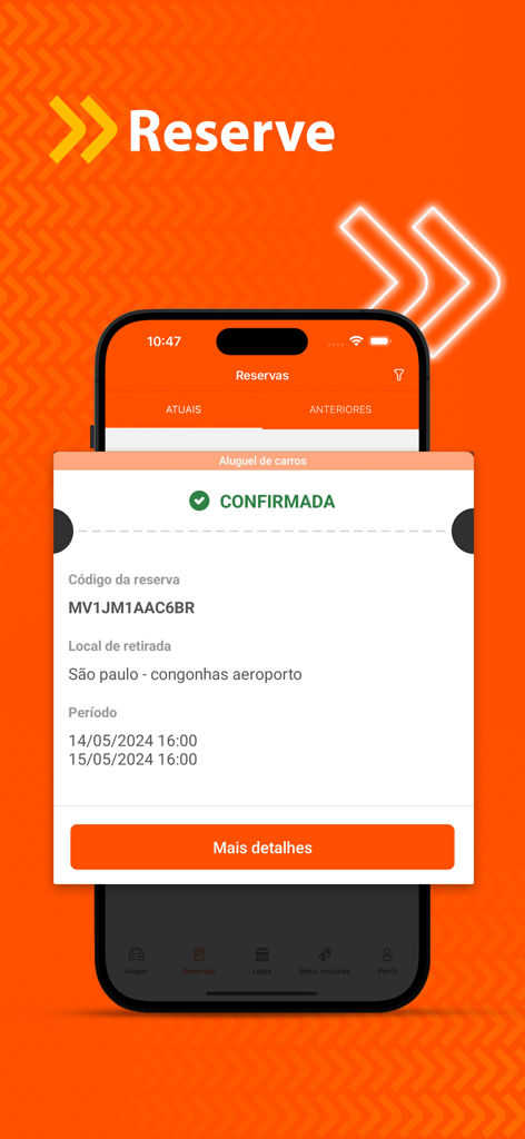 상파울루 콩고냐스 공항의 Movida 앱에서 확인된 렌터카 예약를 보여주는 모바일 화면.
