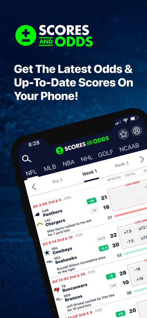 Scores and Odds Sports Betting - Smartphone screen showing live NFL scores and betting odds on the Scores and Odds mobile app interface