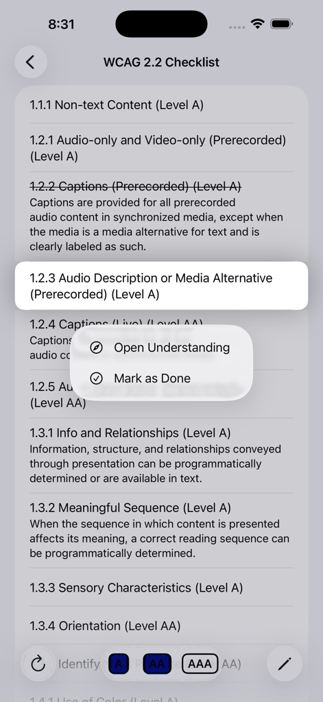 a11yTools - Web Accessibility - WCAG 2.2 checklist screen in the a11yTools app showing accessibility guidelines and compliance options