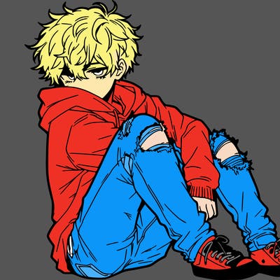 a male hoddie ripped jeans messy hair anime