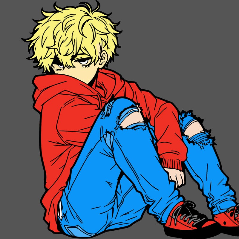 a male hoddie ripped jeans messy hair anime