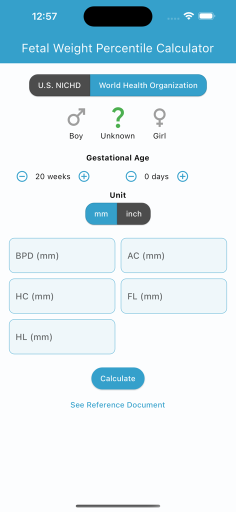 Fötalgewicht-Rechner-App-Oberfläche mit Eingabefeldern für Ultraschallmessungen, einschließlich BPD AC HC und FL.