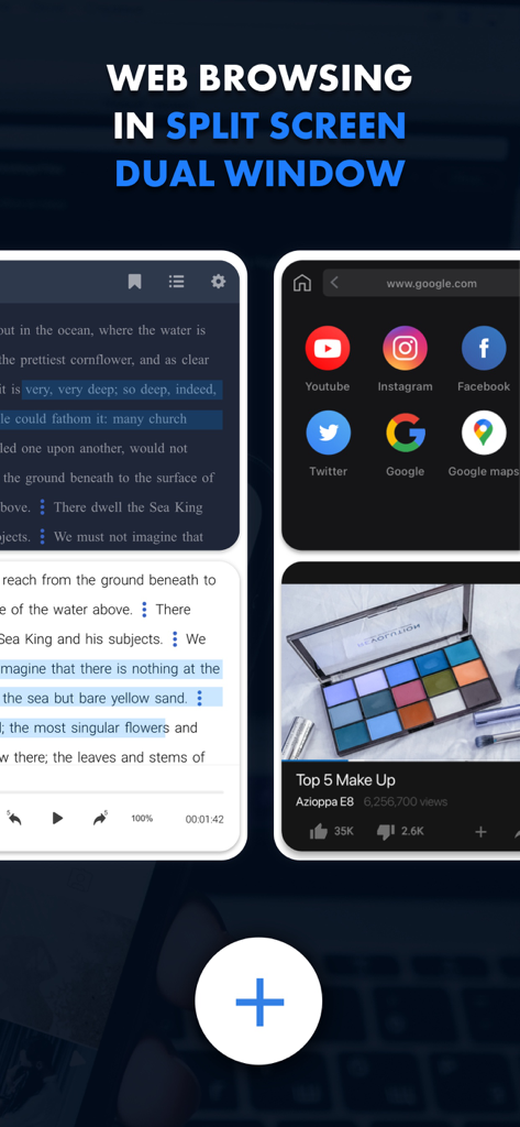 Interface of the Multitasking Split Screen app showing dual browser windows on an iPhone
