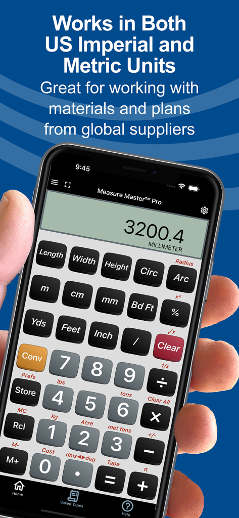 Measure Master Pro Calculator - Measure Master Pro app interface showing metric and imperial unit conversion on a smartphone