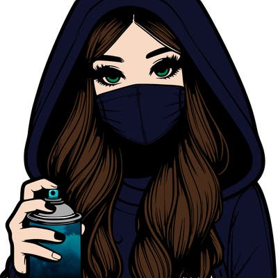 girl wearing a mask with long hair with her hood up spray-painting realistic