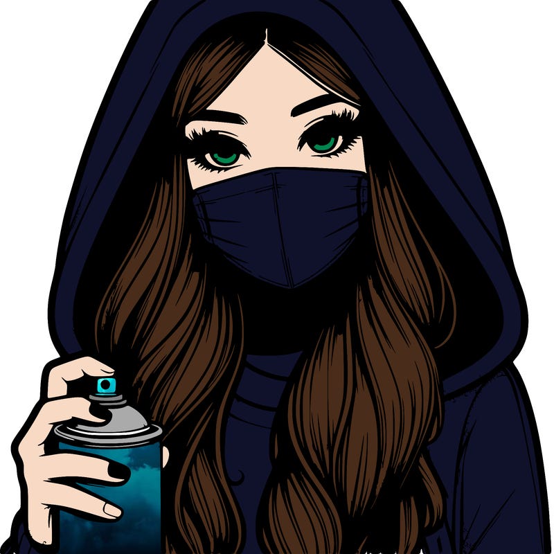 girl wearing a mask with long hair with her hood up spray-painting realistic