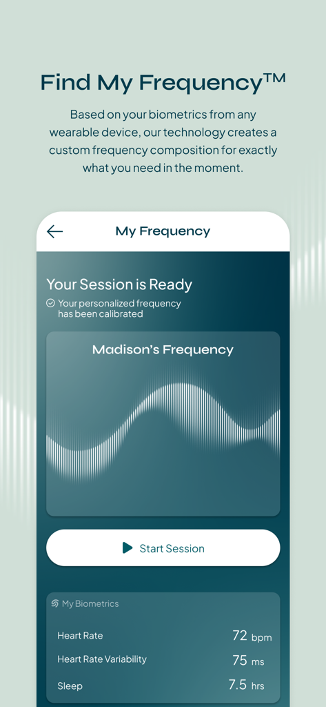 Soaak - A screenshot of the Soaak app showing a personalized sound frequency session calibrated using wearable biometric data like heart rate and sleep