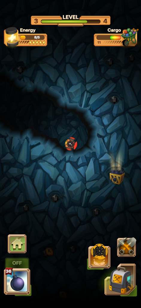 The Detonator : Travel Down - Gameplay of The Detonator showing a bomb in an underground cave with progress bars for energy and cargo