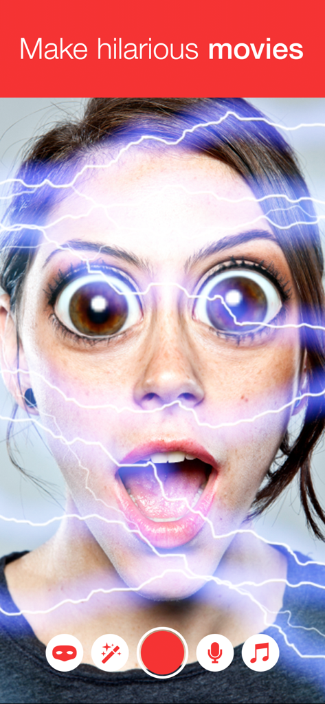 LOL Movie - Una mujer con ojos saltones distorsionados y efectos de rayos azules usando la aplicación LOL Movie