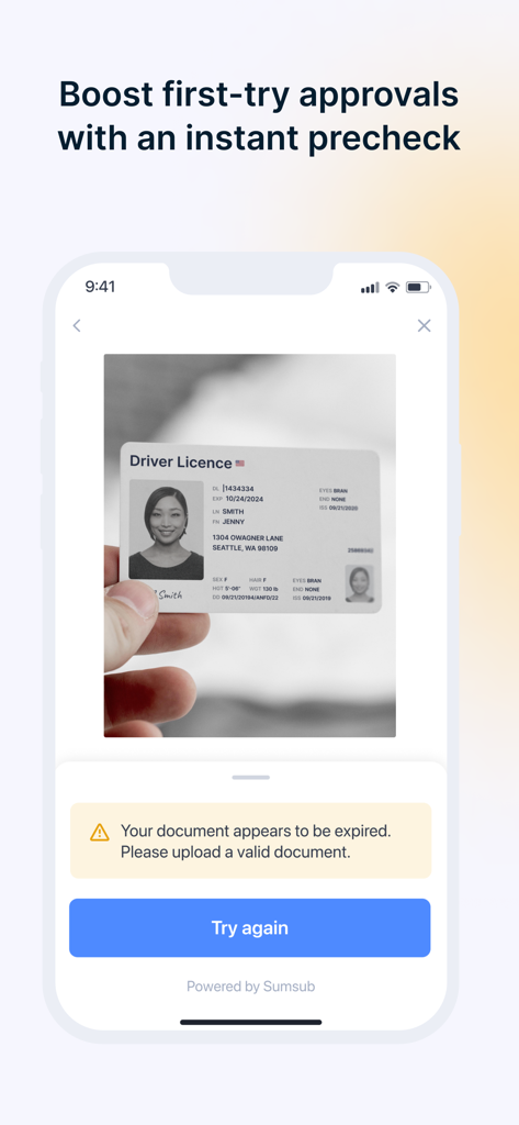 Sumsub for Business - Interface do aplicativo móvel Sumsub mostrando uma pré-verificação instantânea para verificação de documentos de identidade.