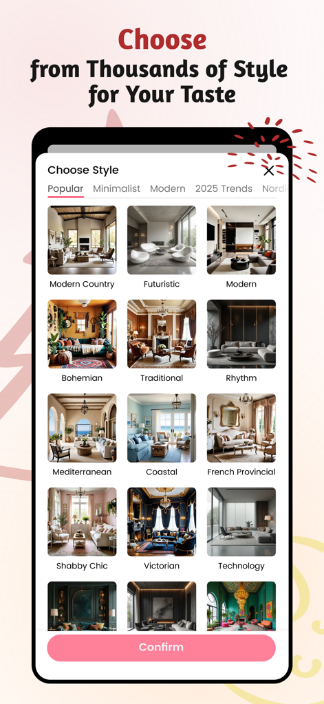 AI Home Design: Ideal House - A mobile app interface displaying multiple interior design style options including Bohemian Modern and Victorian for AI room transformation.