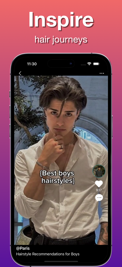 Nioo - Interface do aplicativo Nioo mostrando uma recomendação de vídeo para penteados masculinos