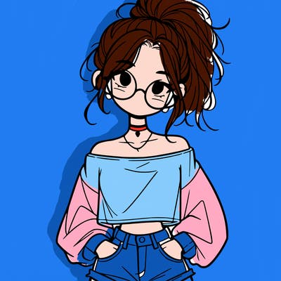 girl with a messy ponytail glasses a baggy crop top and jean shorts