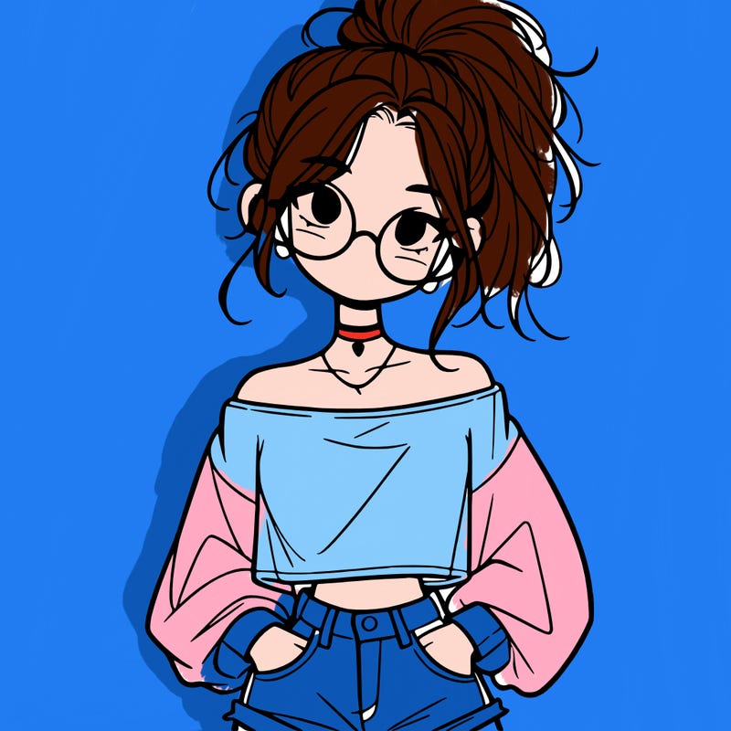 girl with a messy ponytail glasses a baggy crop top and jean shorts