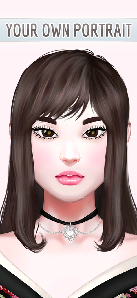 Retrato en primer plano de un personaje femenino de anime personalizado con cabello castaño y un collar de corazón