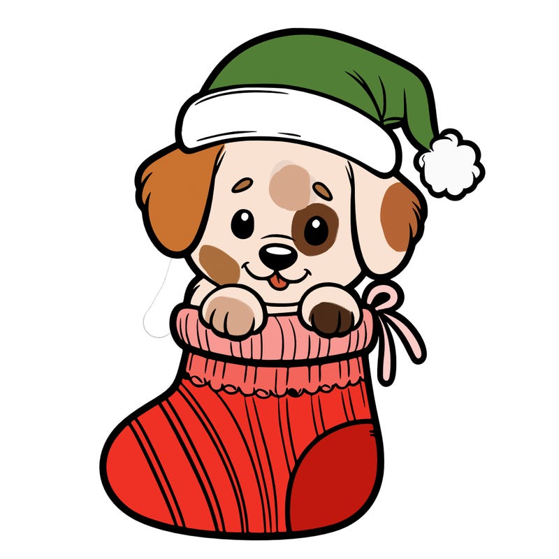 cute puppy wearing santa hat in socking